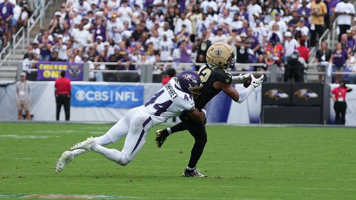 Sep 20, 2026; Baltimore, Maryland, USA; New Orleans Saints wide receiver Chris Olave (12) catches a pass while defended by Baltimore Ravens cornerback Marlon Humphrey (44) in the fourth quarter at M&T Bank Stadium. Mandatory Credit: James Lang-Imagn Images Sep 20, 2026; Baltimore, Maryland, USA; New Orleans Saints wide receiver Chris Olave (12) catches a pass while defended by Baltimore Ravens cornerback Marlon Humphrey (44) in the fourth quarter at M&T Bank Stadium. Mandatory Credit: James Lang-Imagn Images