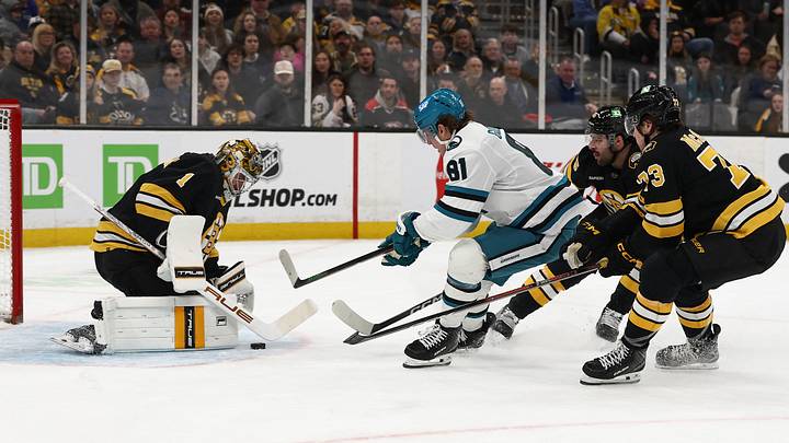 Mar 12, 2026; Boston, Massachusetts, USA; Boston Bruins goaltender Jeremy Swayman (1) stops San Jose Sharks right wing Adam Gaudette (81) in front during the first period at TD Garden. Mandatory Credit: Winslow Townson-Imagn Images Mar 12, 2026; Boston, Massachusetts, USA; Boston Bruins goaltender Jeremy Swayman (1) stops San Jose Sharks right wing Adam Gaudette (81) in front during the first period at TD Garden. Mandatory Credit: Winslow Townson-Imagn Images