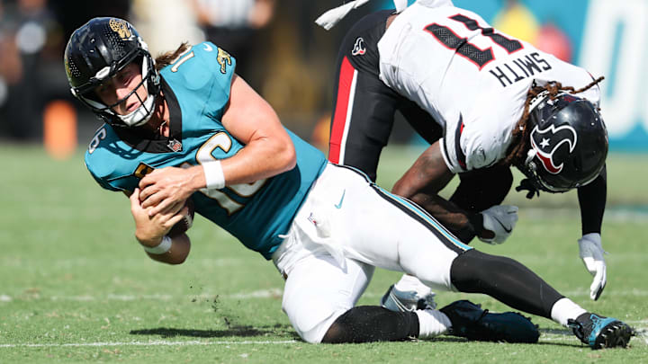 Jacksonville Jaguars quarterback Trevor Lawrence has thrown an interception in each game this season. Jacksonville Jaguars quarterback Trevor Lawrence has thrown an interception in each game this season.
