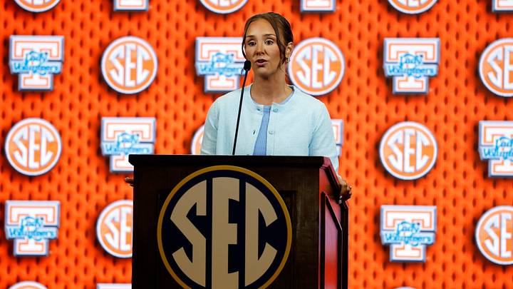 Oct 13, 2026; Birmingham, AL, USA; Tennessee Volunteers head coach Kim Caldwell speaks during the SEC Basketball Tipoff at Grand Bohemian Hotel Mountain Brook. Mandatory Credit: Butch Dill-Imagn Images Oct 13, 2026; Birmingham, AL, USA; Tennessee Volunteers head coach Kim Caldwell speaks during the SEC Basketball Tipoff at Grand Bohemian Hotel Mountain Brook. Mandatory Credit: Butch Dill-Imagn Images