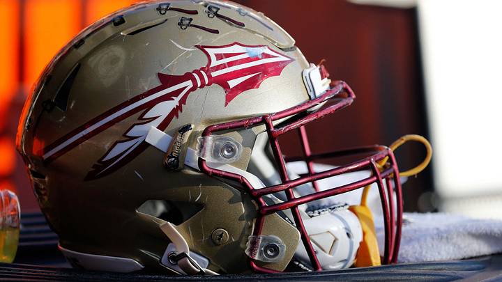 Nov 25, 2017; Gainesville, FL, USA; Florida State Seminoles helmet lays on the field against the Florida Gators during the second half at Ben Hill Griffin Stadium. Mandatory Credit: Kim Klement-Imagn Images