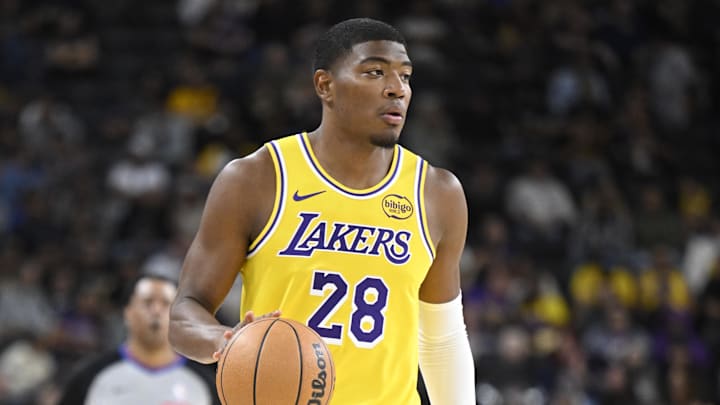 Oct 3, 2025; Palm Desert, California, USA; Los Angeles Lakers forward Rui Hachimura (28) brings the ball down court during the first half against the Phoenix Suns at Acrisure Arena. Mandatory Credit: Denis Poroy-Imagn Images