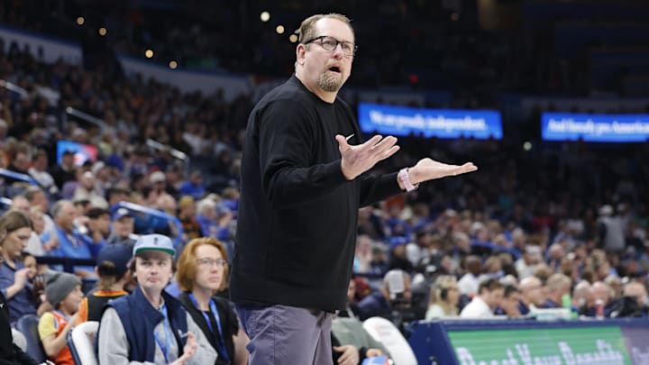 Mar 19, 2025; Oklahoma City, Oklahoma, USA; Philadelphia 76ers head coach Nick Nurse reacts after a play against the Oklahoma City Thunder during the second half at Paycom Center. Mandatory Credit: Alonzo Adams-Imagn Images