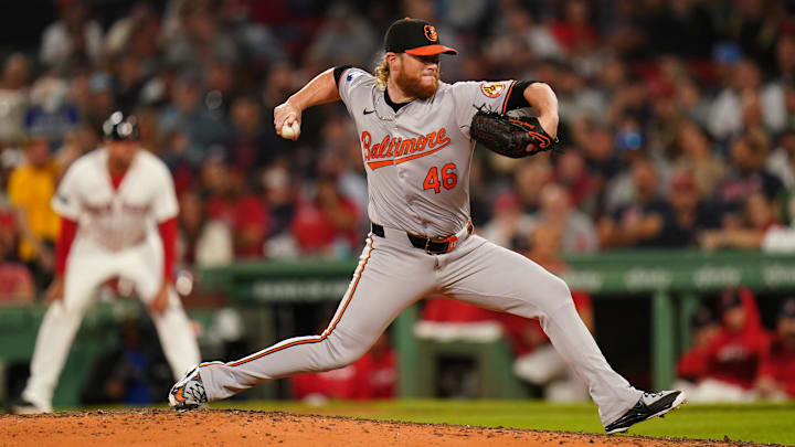 Sep 9, 2024; Boston, Massachusetts, USA; Baltimore Orioles relief pitcher Craig Kimbrel (46) throws a pitch against the Boston Red Sox in the seventh inning at Fenway Park.