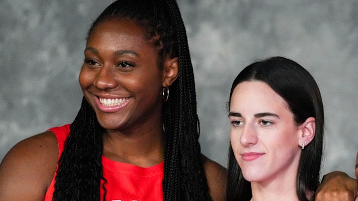 Indiana Fever's Aliyah Boston (7), Caitlin Clark (22) and Kelsey Mitchell (0) take a phot before the 2025 WNBA All-Star Game on Saturday, July 19, 2025, at Gainbridge Fieldhouse in Indianapolis. Indiana Fever's Aliyah Boston (7), Caitlin Clark (22) and Kelsey Mitchell (0) take a phot before the 2025 WNBA All-Star Game on Saturday, July 19, 2025, at Gainbridge Fieldhouse in Indianapolis.