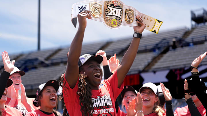 NiJaree Canady (24) celebrates following the 2025 Phillips 66 Big 12 Softball Championship game between Arizona Wildcats and Texas Tech Red Raiders at Devon Park in Oklahoma City, Saturday, May, 10, 2025.