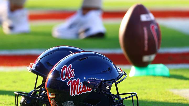 Aug 30, 2025; Oxford, Mississippi, USA; Mississippi Rebels helmets lay on the field prior to the game against the Georgia State Panthers at Vaught-Hemingway Stadium. Mandatory Credit: Petre Thomas-Imagn Imagesd