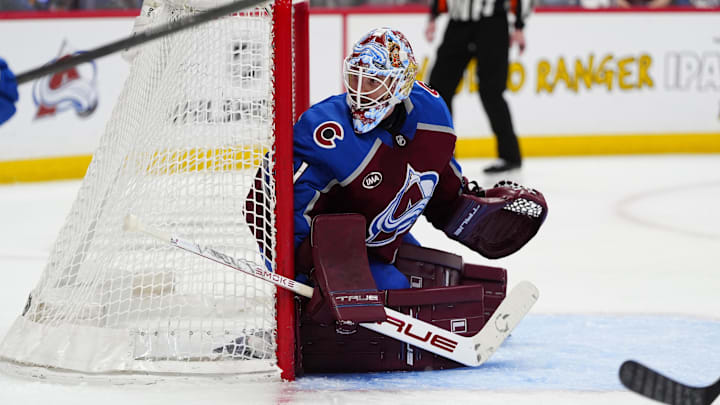 Apr 16, 2026; Denver, Colorado, USA; Colorado Avalanche goaltender Scott Wedgewood (41) defends the net during the third period against the Seattle Kraken at Ball Arena. Mandatory Credit: Ron Chenoy-Imagn Images