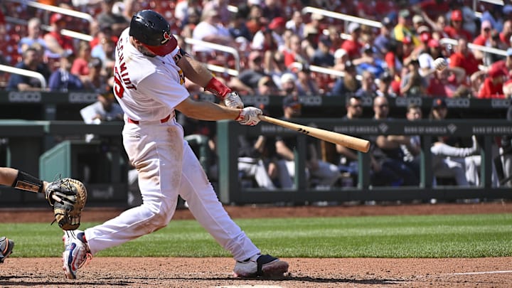 May 7, 2023; St. Louis, Missouri, USA;  St. Louis Cardinals first baseman Paul Goldschmidt (46) hits a two run home run for his third home run of the game against the Detroit Tigers during the eighth inning at Busch Stadium.