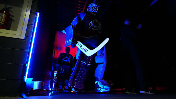 Apr 19, 2026; Denver, Colorado, USA; Colorado Avalanche goaltender Scott Wedgewood (41) before the start of the game against the Los Angeles Kings of game one of the first round of the 2026 Stanley Cup Playoffs at Ball Arena. Mandatory Credit: Ron Chenoy-Imagn Images