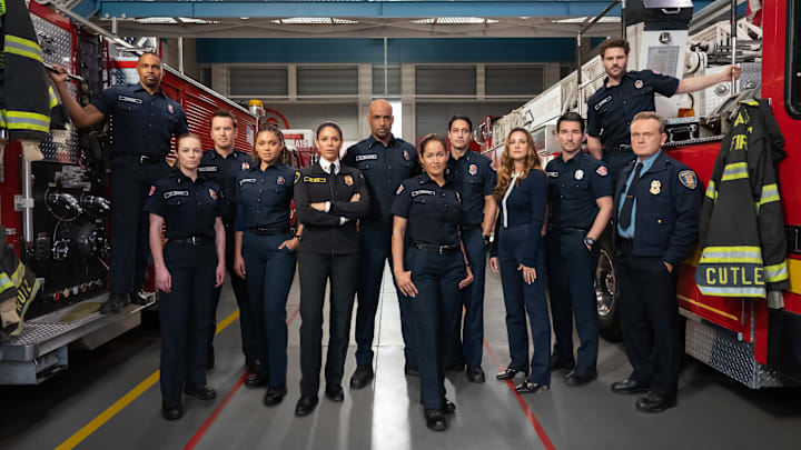 STATION 19 - ABC's "Station 19" stars Jason George as Ben Warren, Danielle Savre as Maya Bishop, Josh Randall as Captain Sean Beckett, Barrett Doss as Victoria Hughes, Merle Dandridge as Fire Chief Natasha Ross, Boris Kodjoe as Captain Robert Sullivan, Jaina Lee Ortiz as Andy Herrera, Carlos Miranda as Theo Ruiz, Stefania Spampinato as Dr. Carina DeLuca, Jay Hayden as Travis Montgomery, Grey Damon as Jack Gibson, and Pat Healy as Michael Dixon. (ABC/James Clark)