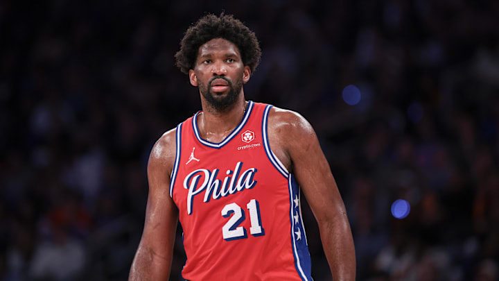 Apr 22, 2024; New York, New York, USA; Philadelphia 76ers center Joel Embiid (21) look up court during the second half during game two of the first round for the 2024 NBA playoffs against the New York Knicks at Madison Square Garden. Mandatory Credit: Vincent Carchietta-Imagn Images