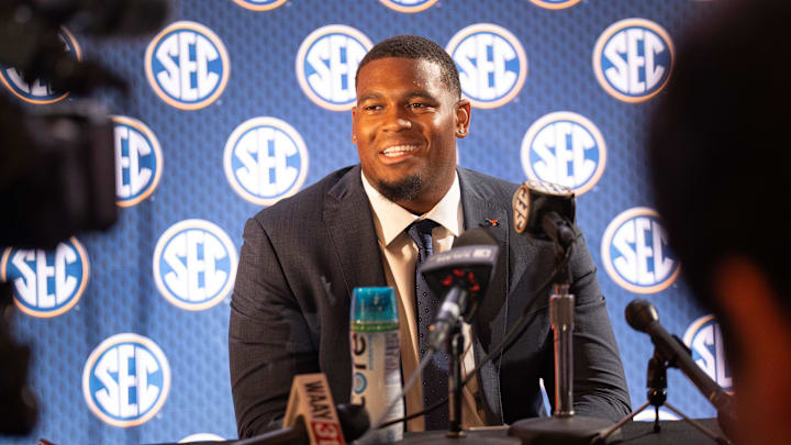 Jul 17, 2024; Dallas, TX, USA; Texas offensive lineman Kelvin Banks Jr. speaking at Omni Dallas Hotel. Mandatory Credit: Brett Patzke-Imagn Images