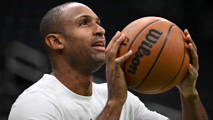 Dec 4, 2024; Boston, Massachusetts, USA; Boston Celtics center Al Horford (42) takes a shot during warmups before a game against the Detroit Pistons at the TD Garden. Mandatory Credit: Brian Fluharty-Imagn Images