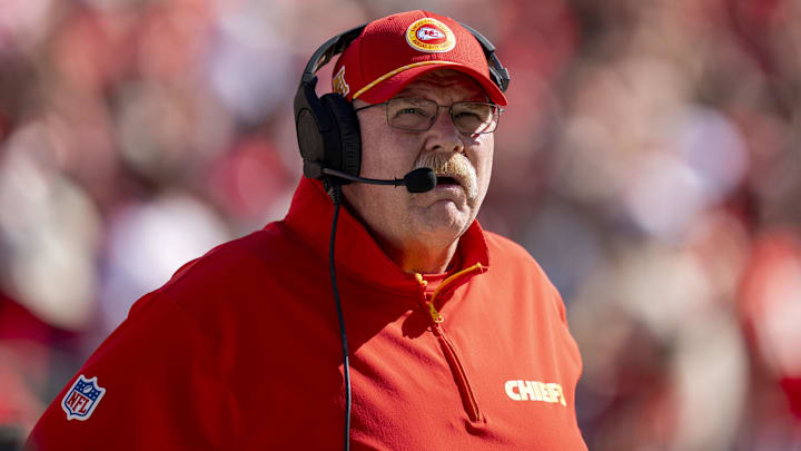 October 20, 2024; Santa Clara, California, USA; Kansas City Chiefs head coach Andy Reid before the game against the San Francisco 49ers at Levi's Stadium. Mandatory Credit: Kyle Terada-Imagn Images