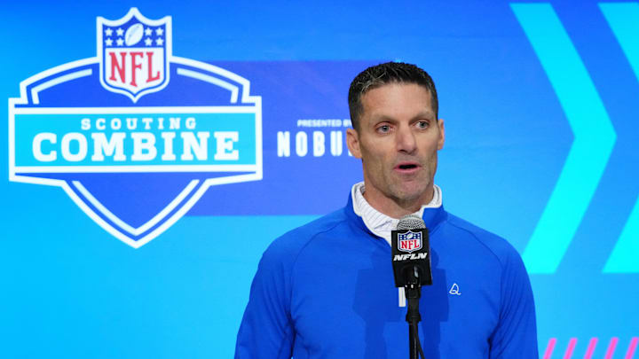 Feb 28, 2024; Indianapolis, IN, USA; Houston Texans general manager Nick Caserio speaks at a press
