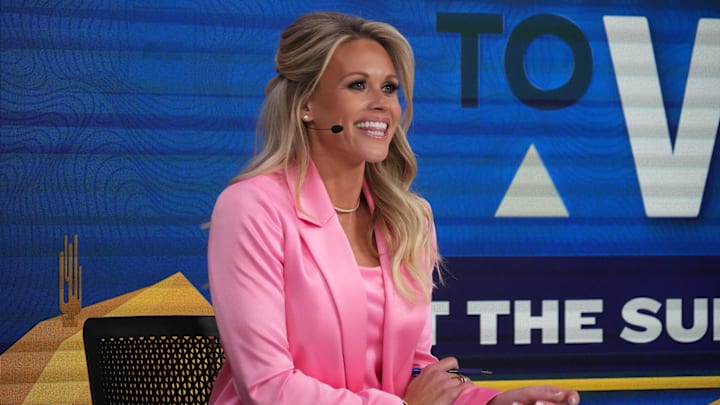 Feb 8, 2023; Phoenix, AZ, USA; Lisa Kerney on the FanDuel set on radio row at the media center at