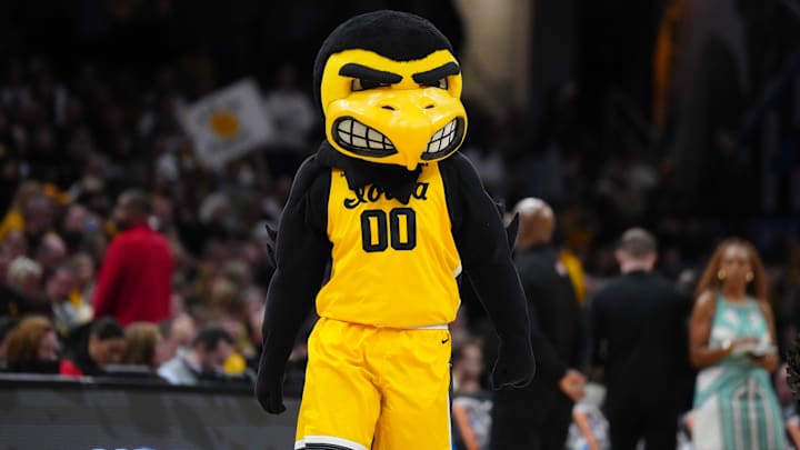 Apr 7, 2024; Cleveland, OH, USA; Iowa Hawkeyes mascot Herkey during the 2024 NCAA Tournament Women's Final Four championship game against the South Carolina Gamecocks at Rocket Mortgage FieldHouse. Mandatory Credit: Kirby Lee-Imagn Images Apr 7, 2024; Cleveland, OH, USA; Iowa Hawkeyes mascot Herkey during the 2024 NCAA Tournament Women's Final Four championship game against the South Carolina Gamecocks at Rocket Mortgage FieldHouse. Mandatory Credit: Kirby Lee-Imagn Images