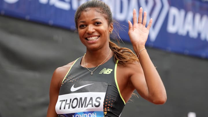 Gabby Thomas (USA) poses after winning the women's 200m in a meet record 21.82 during the London Athletics Meet at London Stadium.