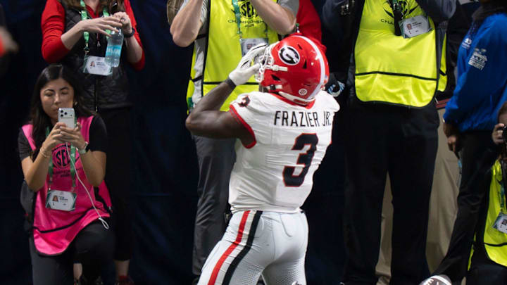 Dec 6, 2025; Atlanta, GA, USA; Georgia running back Nate Frazier (3) celebrates after scoring a touchdown against Alabama at Mercedes-Benz Stadium. Mandatory Credit: Gary Cosby Jr.-Tuscaloosa News Dec 6, 2025; Atlanta, GA, USA; Georgia running back Nate Frazier (3) celebrates after scoring a touchdown against Alabama at Mercedes-Benz Stadium. Mandatory Credit: Gary Cosby Jr.-Tuscaloosa News