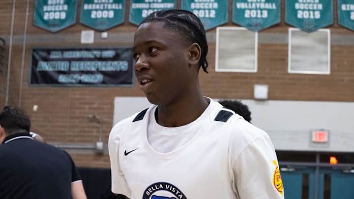 Jan 3, 2025; Gilbert, AZ, USA; CIA Bella Vista (AZ) guard Miles Sadler (1) against Arizona Compass Prep during the Hoophall West High School Invitational at Highland High School. Mandatory Credit: Mark J. Rebilas-Imagn Images
