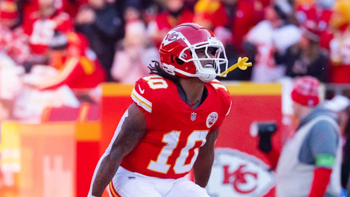 Jan 26, 2025; Kansas City, MO, USA; Kansas City Chiefs running back Isiah Pacheco (10) against the Buffalo Bills in the AFC Championship game at GEHA Field at Arrowhead Stadium. Mandatory Credit: Mark J. Rebilas-Imagn Images