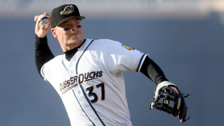 Cleveland Guardians top prospect Travis Bazzana warms up before the start of Akron RubberDucks home opener against Altoona Curve. Tuesday, April 08, 2025.