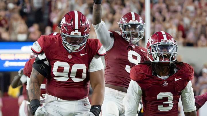 Sep 19, 2026; Tuscaloosa, AL, USA; Alabama defensive lineman London Simmons (90) and Alabama defensive back Keon Sabb (3) celebrate a sack of Florida State quarterback Ashton Daniels (14) at Bryant-Denny Stadium. Alabama defeated Florida State 50-36. Mandatory Credit: Gary Cosby Jr.-Tuscaloosa News Sep 19, 2026; Tuscaloosa, AL, USA; Alabama defensive lineman London Simmons (90) and Alabama defensive back Keon Sabb (3) celebrate a sack of Florida State quarterback Ashton Daniels (14) at Bryant-Denny Stadium. Alabama defeated Florida State 50-36. Mandatory Credit: Gary Cosby Jr.-Tuscaloosa News