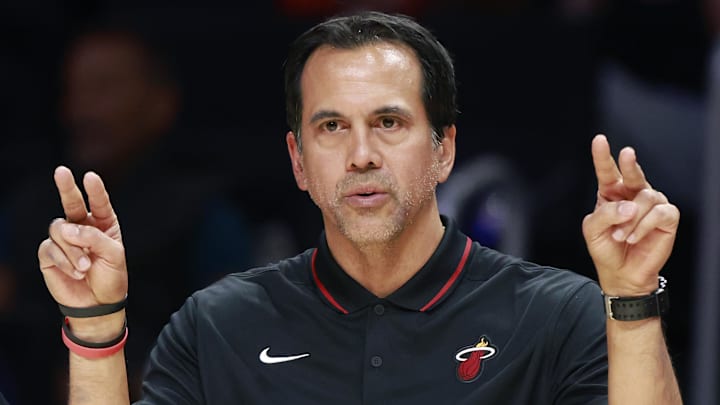 Mar 10, 2025; Miami, Florida, USA; Miami Heat head coach Erik Spoelstra against the Charlotte Hornets during the second half at Kaseya Center. Mandatory Credit: Rhona Wise-Imagn Images Mar 10, 2025; Miami, Florida, USA; Miami Heat head coach Erik Spoelstra against the Charlotte Hornets during the second half at Kaseya Center. Mandatory Credit: Rhona Wise-Imagn Images