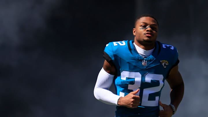 Jacksonville Jaguars cornerback Tyson Campbell (32) is introduced before an NFL football matchup