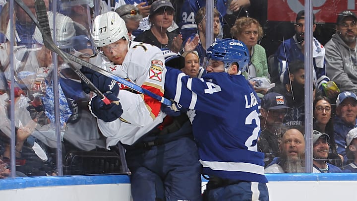 Toronto Maple Leafs center Scott Laughton delivered a thundering hit on Evan Rodrigues in Game 2 against the Panthers.