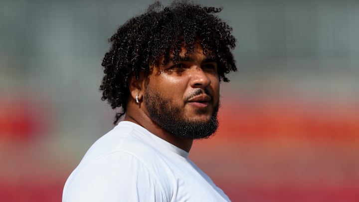 Oct 27, 2024; Tampa, Florida, USA; Tampa Bay Buccaneers offensive tackle Tristan Wirfs (78) warms up before a game against the Atlanta Falcons at Raymond James Stadium. Mandatory Credit: Nathan Ray Seebeck-Imagn Images