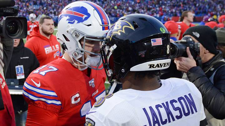 Buffalo Bills quarterback Josh Allen (17) meets Baltimore Ravens quarterback Lamar Jackson (8) at mid-field after a game at New Era Field. Mandatory Credit: Mark Konezny-USA TODAY Sports Buffalo Bills quarterback Josh Allen (17) meets Baltimore Ravens quarterback Lamar Jackson (8) at mid-field after a game at New Era Field. Mandatory Credit: Mark Konezny-USA TODAY Sports