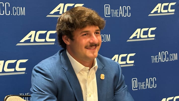 Syracuse punter Jack Stonehouse shares a laugh with the media while discussing the 2025 season at ACC Kickoff, on July, 23, 2025, in Charlotte, N.C. Syracuse punter Jack Stonehouse shares a laugh with the media while discussing the 2025 season at ACC Kickoff, on July, 23, 2025, in Charlotte, N.C.