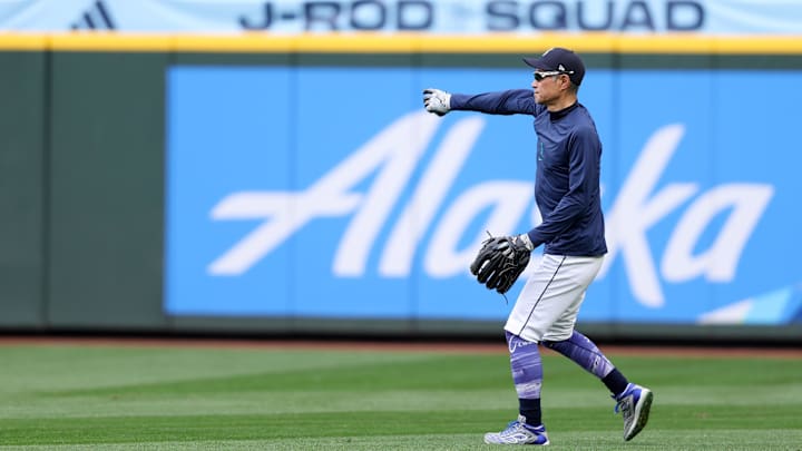 Oct 16, 2025; Seattle, Washington, USA; Seattle Mariners former outfielder Ichiro Suzuki throws the ball during batting practice prior to game four of the ALCS round between the Seattle Mariners and the Toronto Blue Jays for the 2025 MLB playoffs at T-Mobile Park. Mandatory Credit: Kevin Ng-Imagn Images
