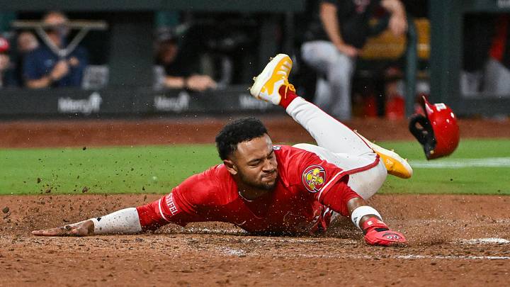 Jun 5, 2026; St. Louis, Missouri, USA; St. Louis Cardinals center fielder Victor Scott II (11) slides head first at home and scores against the Cincinnati Reds during the sixth inning at Busch Stadium. Mandatory Credit: Jeff Curry-Imagn Images Jun 5, 2026; St. Louis, Missouri, USA; St. Louis Cardinals center fielder Victor Scott II (11) slides head first at home and scores against the Cincinnati Reds during the sixth inning at Busch Stadium. Mandatory Credit: Jeff Curry-Imagn Images