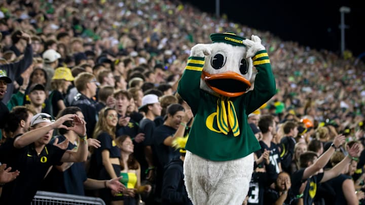The Duck rallies the crowd in the late seconds of the game as the No. 3 Oregon Ducks host the No. 2 Ohio State Buckeyes Saturday, Oct. 12, 2024 at Autzen Stadium in Eugene, Ore. The Duck rallies the crowd in the late seconds of the game as the No. 3 Oregon Ducks host the No. 2 Ohio State Buckeyes Saturday, Oct. 12, 2024 at Autzen Stadium in Eugene, Ore.