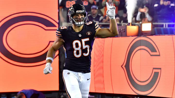 Chicago Bears tight end Cole Kmet (85) takes the field prior to the game against the New England Patriots at Soldier Field.  Mandatory Credit: Patrick Gorski-Imagn Images