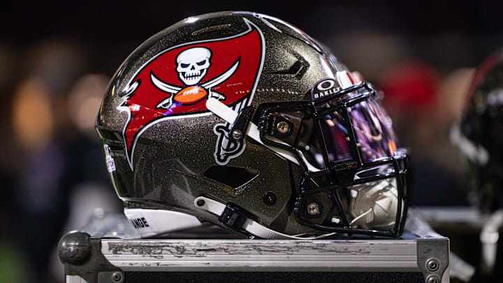 Oct 13, 2024; New Orleans, Louisiana, USA;  Detailed view of the Tampa Bay Buccaneers helmet against the New Orleans Saints during the first half at Caesars Superdome. Mandatory Credit: Stephen Lew-Imagn Images