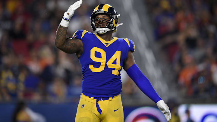 Aug 24, 2019; Los Angeles, CA, USA; Los Angeles Rams defensive end John Franklin-Myers (94) celebrates after a sack during the second half against the Denver Broncos at Los Angeles Memorial Coliseum. Mandatory Credit: Kelvin Kuo-Imagn Images