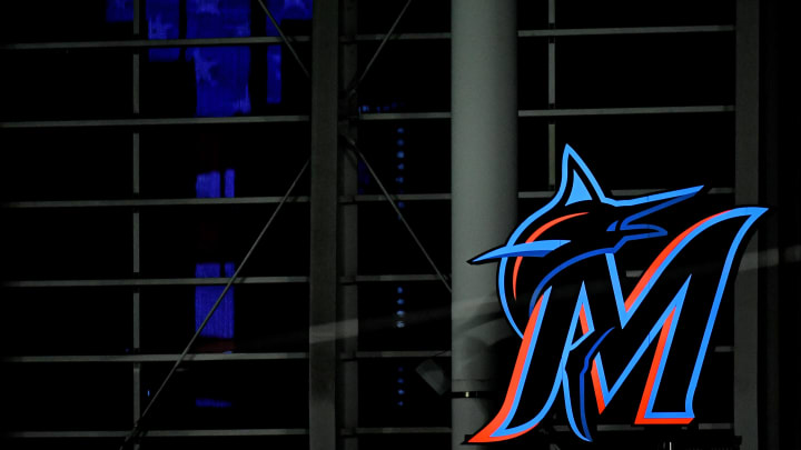 Sep 11, 2020; Miami, Florida, USA; A general view of a illuminated Miami Marlins logo in center