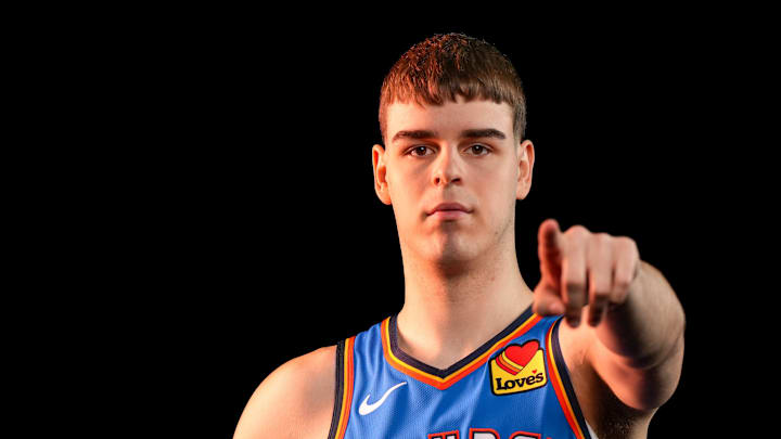 Oklahoma guard Nikola Topic (44) poses for a photo shoot during Thunder media day at Paycom Center in Oklahoma City on Monday, Sept. 29, 2025.s Oklahoma guard Nikola Topic (44) poses for a photo shoot during Thunder media day at Paycom Center in Oklahoma City on Monday, Sept. 29, 2025.s
