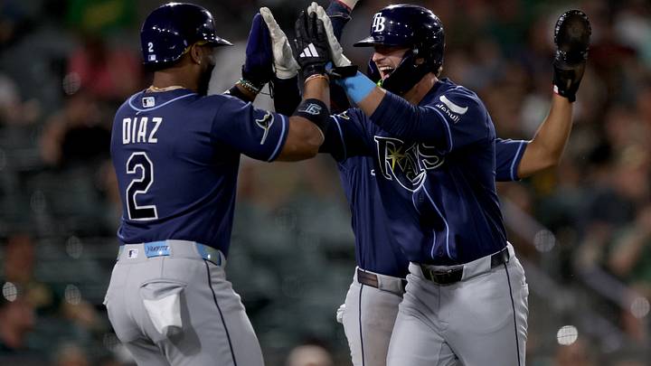 Aug 11, 2026; West Sacramento, California, USA; Tampa Bay Rays pinch hitter Carson Williams (7) celebrates with designated hitter Yandy Diaz (2) after hitting a three-run home run against the Athletics during the eighth inning at Sutter Health Park. Mandatory Credit: Dennis Lee-Imagn Images Aug 11, 2026; West Sacramento, California, USA; Tampa Bay Rays pinch hitter Carson Williams (7) celebrates with designated hitter Yandy Diaz (2) after hitting a three-run home run against the Athletics during the eighth inning at Sutter Health Park. Mandatory Credit: Dennis Lee-Imagn Images