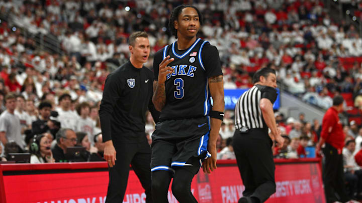 Mar 2, 2026; Raleigh, North Carolina, USA;  Duke Blue Devils guard Isaiah Evans (3) reacts after scoring against the NC State Wolfpack during the second half at Lenovo Center.
