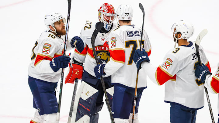 Jun 14, 2025; Edmonton, Alberta, CAN; Florida Panthers goaltender Sergei Bobrovsky (72) celebrate win with teammates against the Edmonton Oilers in game five of the 2025 Stanley Cup Final at Rogers Place. Mandatory Credit: Sergei Belski-Imagn Images