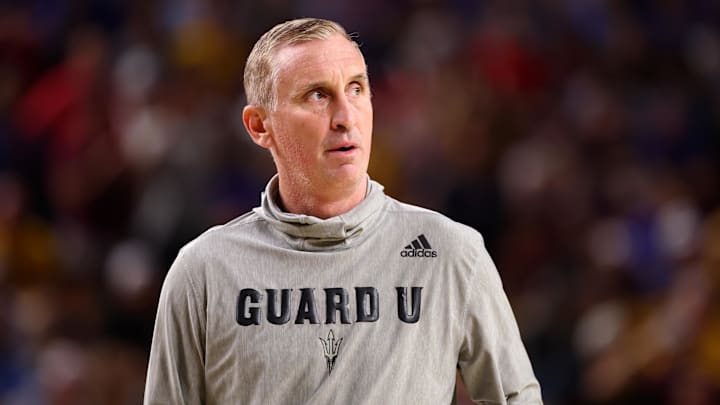 Mar 3, 2026; Tempe, Arizona, USA; Arizona State Sun Devils head coach Bobby Hurley against the Kansas Jayhawks in the first half at Desert Financial Arena. Mandatory Credit: Mark J. Rebilas-Imagn Images