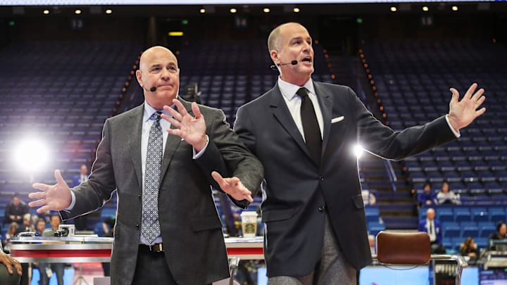 ESPN's Seth Greenberg, left, and Jay Bilas try to explain a flagrant foul situation to fans during the GameDay segment before the Kentucky-Kansas Saturday, January 26, 2019.

Espn Gameday At Rupp January 26 2019