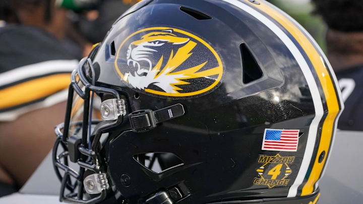 Nov 20, 2021; Columbia, Missouri, USA; A general view of a Missouri Tigers helmet against the Florida Gators during the game at Faurot Field at Memorial Stadium. Mandatory Credit: Denny Medley-Imagn Images