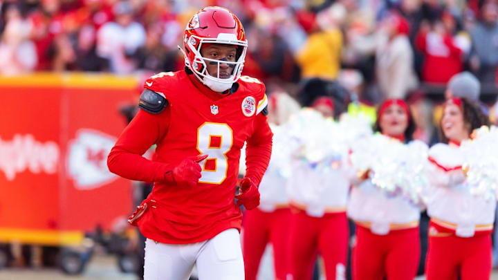Jan 26, 2025; Kansas City, MO, USA; Kansas City Chiefs wide receiver DeAndre Hopkins (8) against the Buffalo Bills in the AFC Championship game at GEHA Field at Arrowhead Stadium. Mandatory Credit: Mark J. Rebilas-Imagn Images