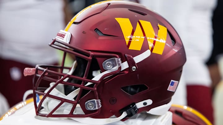 Sep 29, 2024; Glendale, Arizona, USA; Detailed view of a Washington Commanders helmet at State Farm Stadium. Mandatory Credit: Mark J. Rebilas-Imagn Images